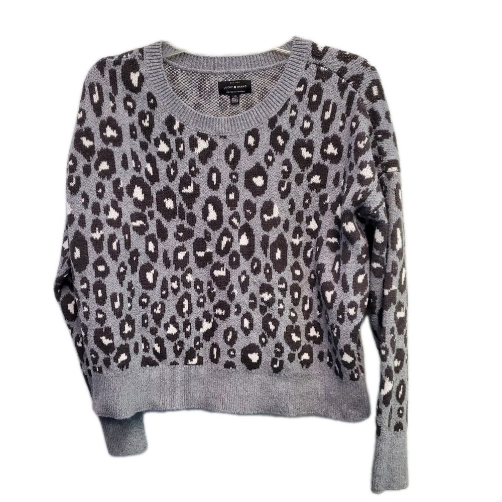 Lucky Brand‎ Womens Large Gray Cheetah Leopard Animal Print Pullover Sweater